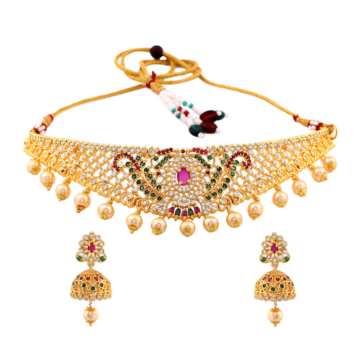 Estele Gold Plated CZ Dazzling Bridal Choker Necklace Set with Colored Stones & Pearls for Women