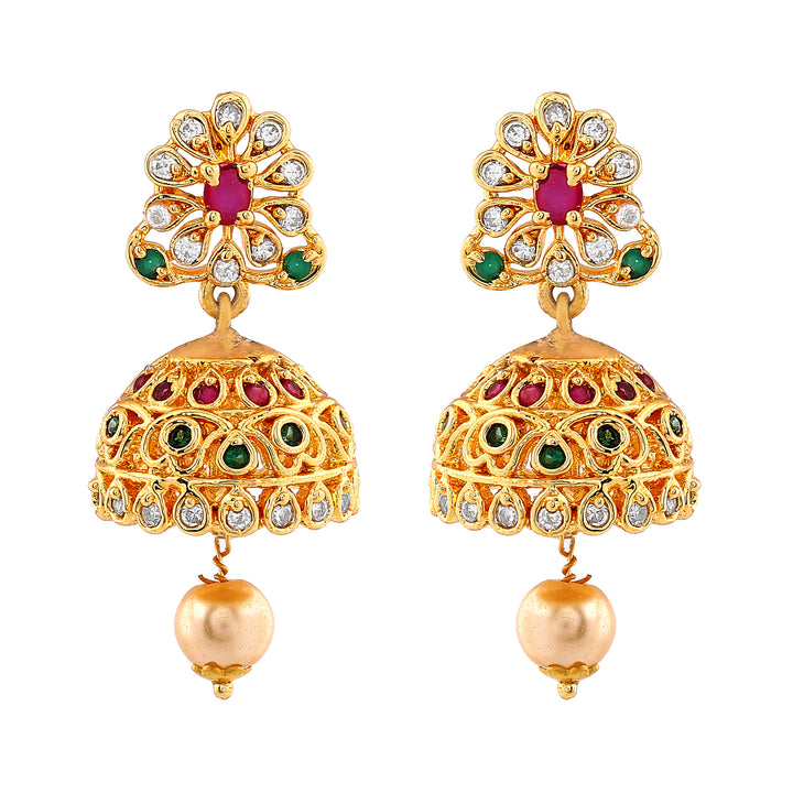 Estele Gold Plated CZ Dazzling Bridal Choker Necklace Set with Colored Stones & Pearls for Women