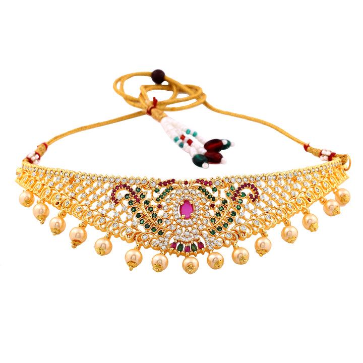 Estele Gold Plated CZ Dazzling Bridal Choker Necklace Set with Colored Stones & Pearls for Women