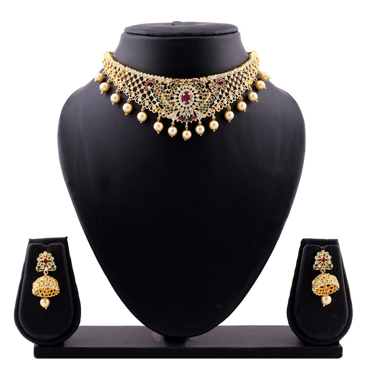 Estele Gold Plated CZ Dazzling Bridal Choker Necklace Set with Colored Stones & Pearls for Women
