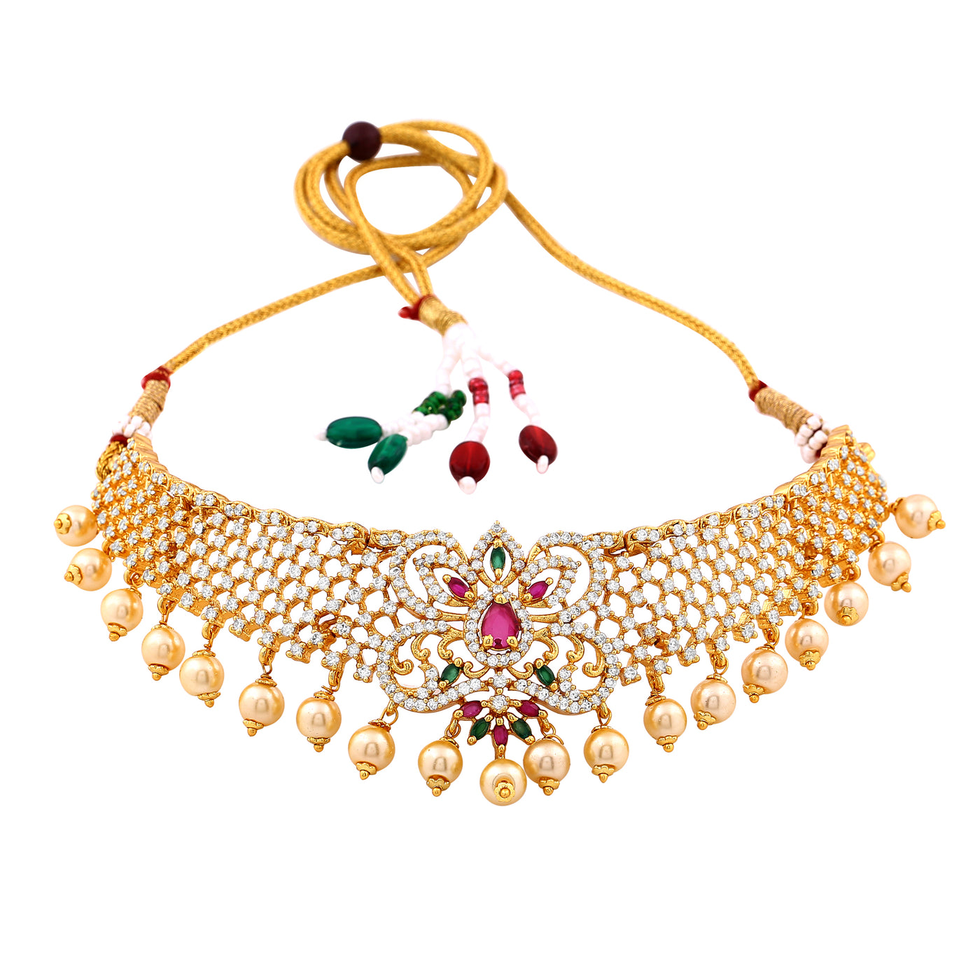 Estele Gold Plated CZ Elegant Bridal Choker Necklace Set with Colored Stones & Pearls