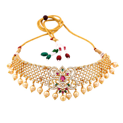 Estele Gold Plated CZ Elegant Bridal Choker Necklace Set with Colored Stones & Pearls