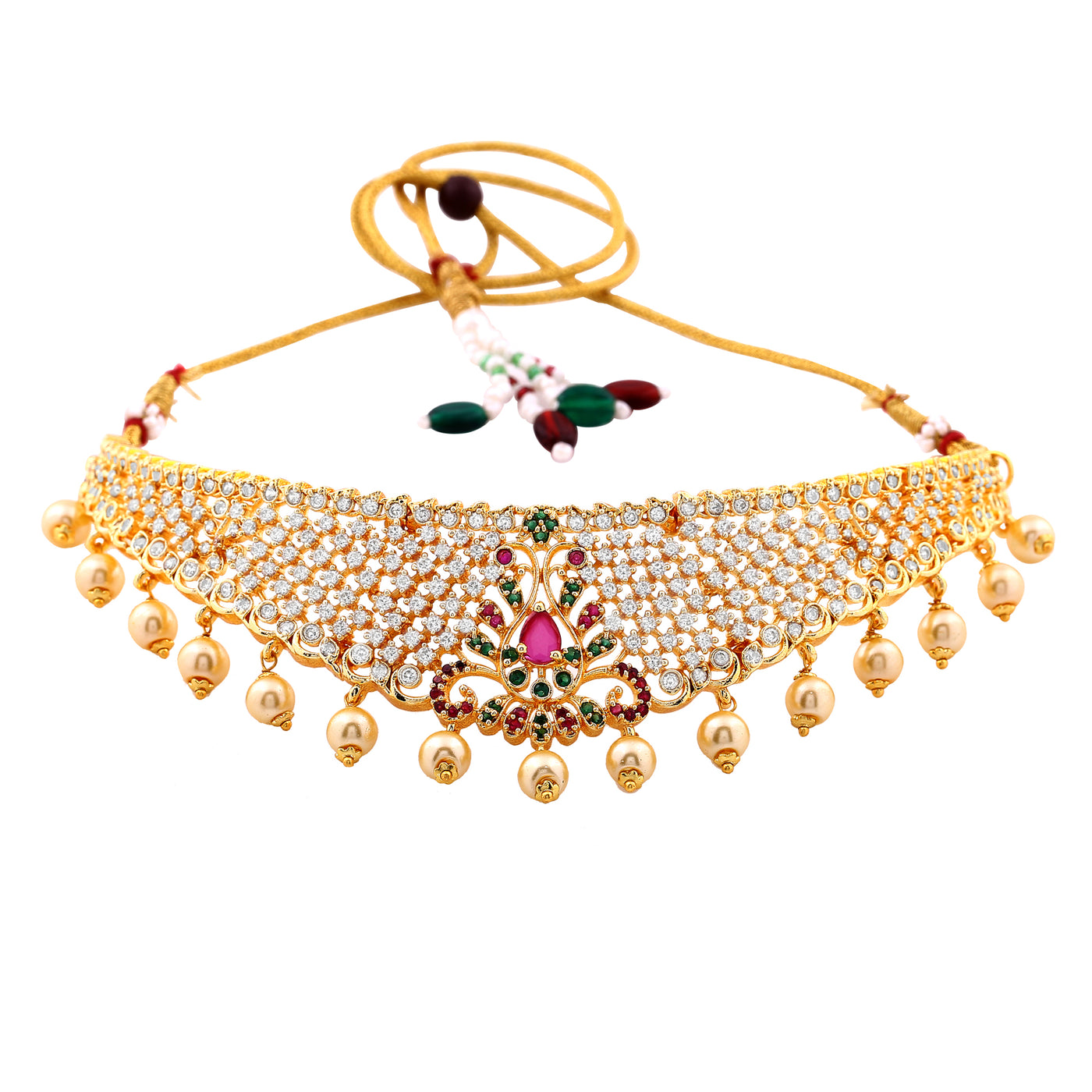 Estele Gold Plated CZ Fascinating Bridal Necklace Set with Colored Stones & Pearls