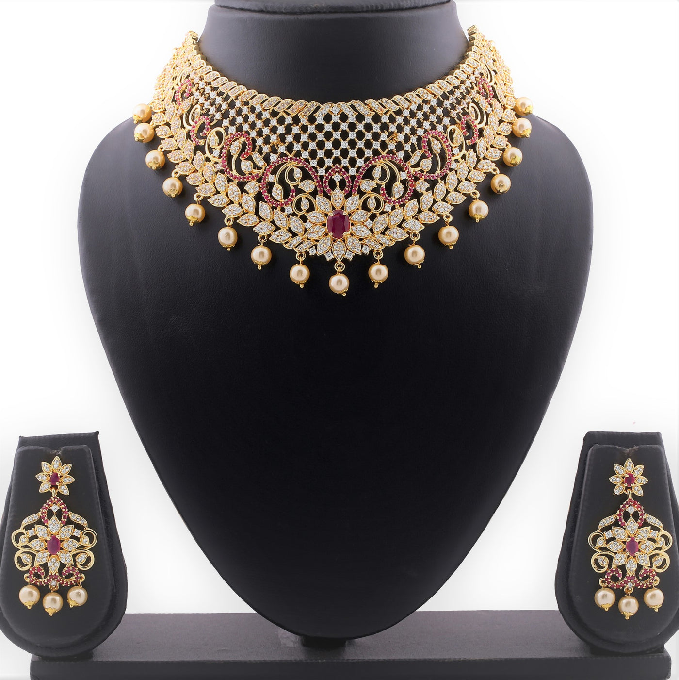 Estele Gold Plated CZ Bridal Choker Necklace Set with Red Crystals & Pearls for Women