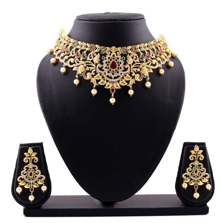 Estele Gold Plated CZ Magnificent Bridal Necklace Set with Colored Stones & Pearls for Women