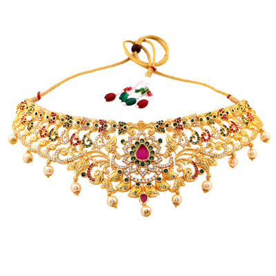 Estele Gold Plated CZ Magnificent Bridal Necklace Set with Colored Stones & Pearls for Women