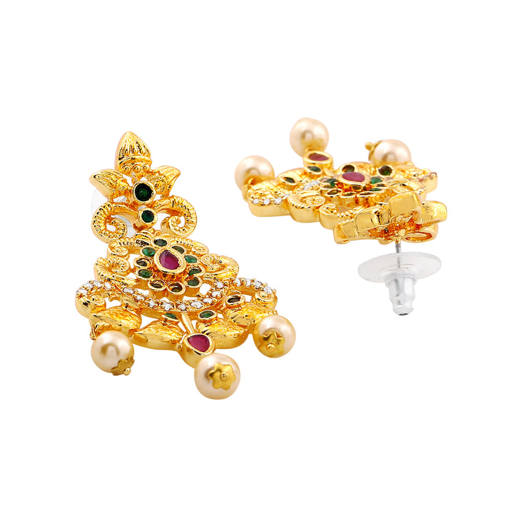 Estele Gold Plated CZ Magnificent Bridal Necklace Set with Colored Stones & Pearls for Women