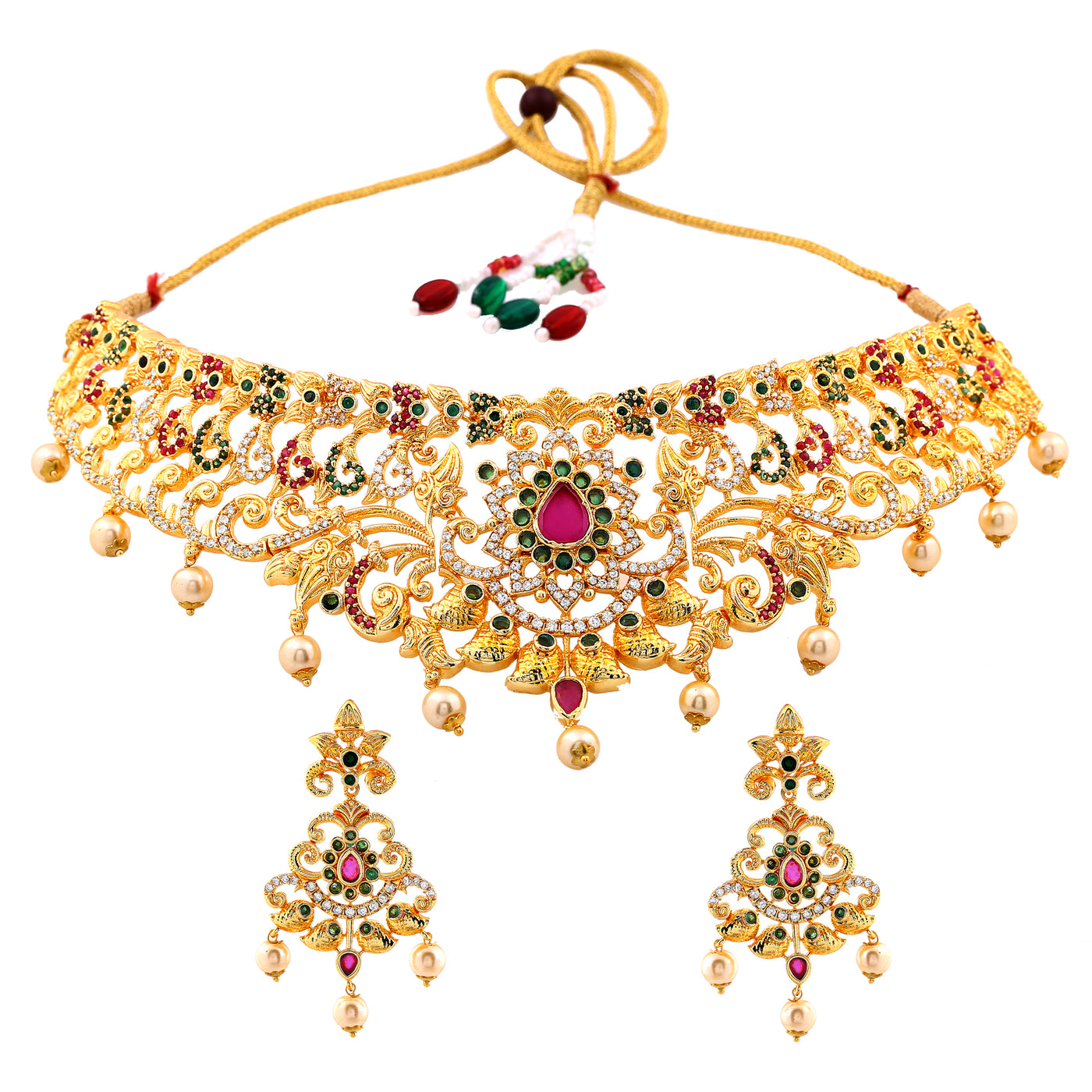 Estele Gold Plated CZ Magnificent Bridal Necklace Set with Colored Stones & Pearls for Women