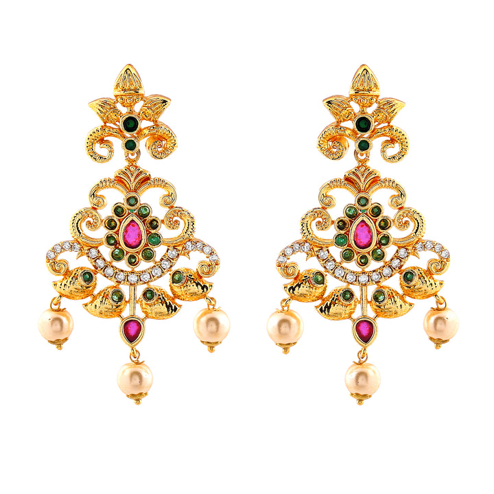 Estele Gold Plated CZ Magnificent Bridal Necklace Set with Colored Stones & Pearls for Women