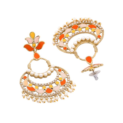 Bollywood style chandbali, Long fashion earring in colourful orange yellow and peach. 