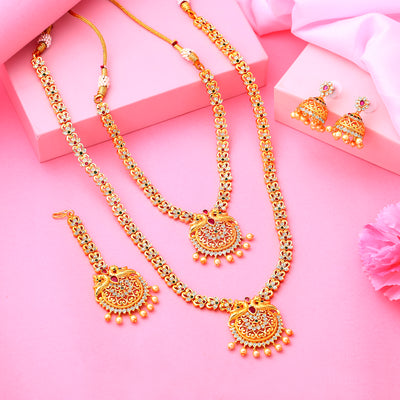 Estele Gold Plated CZ Gorgeous Bridal Necklace Set Combo with Colored Stones with Pearls for Women