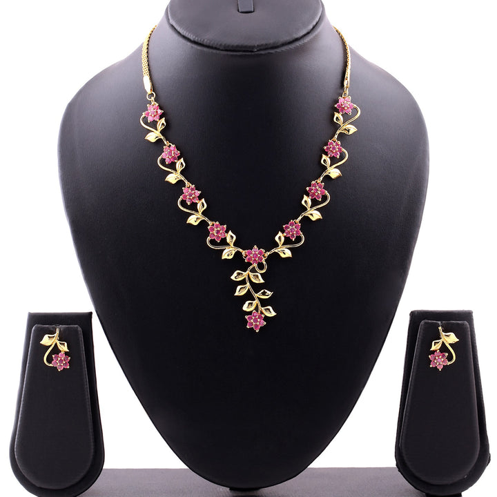 Estele Gold Plated Traditional Flower Designer Jewellery Set with Ruby Stones for Women