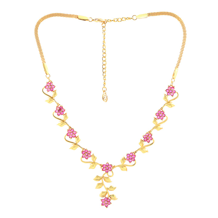 Estele Gold Plated Traditional Flower Designer Jewellery Set with Ruby Stones for Women