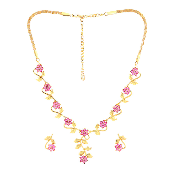 Estele Gold Plated Traditional Flower Designer Jewellery Set with Ruby Stones for Women