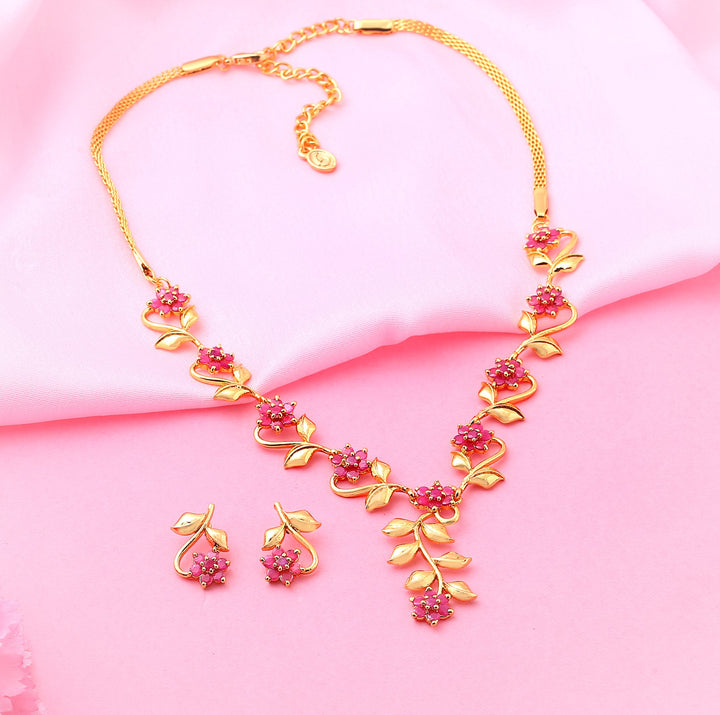 Estele Gold Plated Traditional Flower Designer Jewellery Set with Ruby Stones for Women