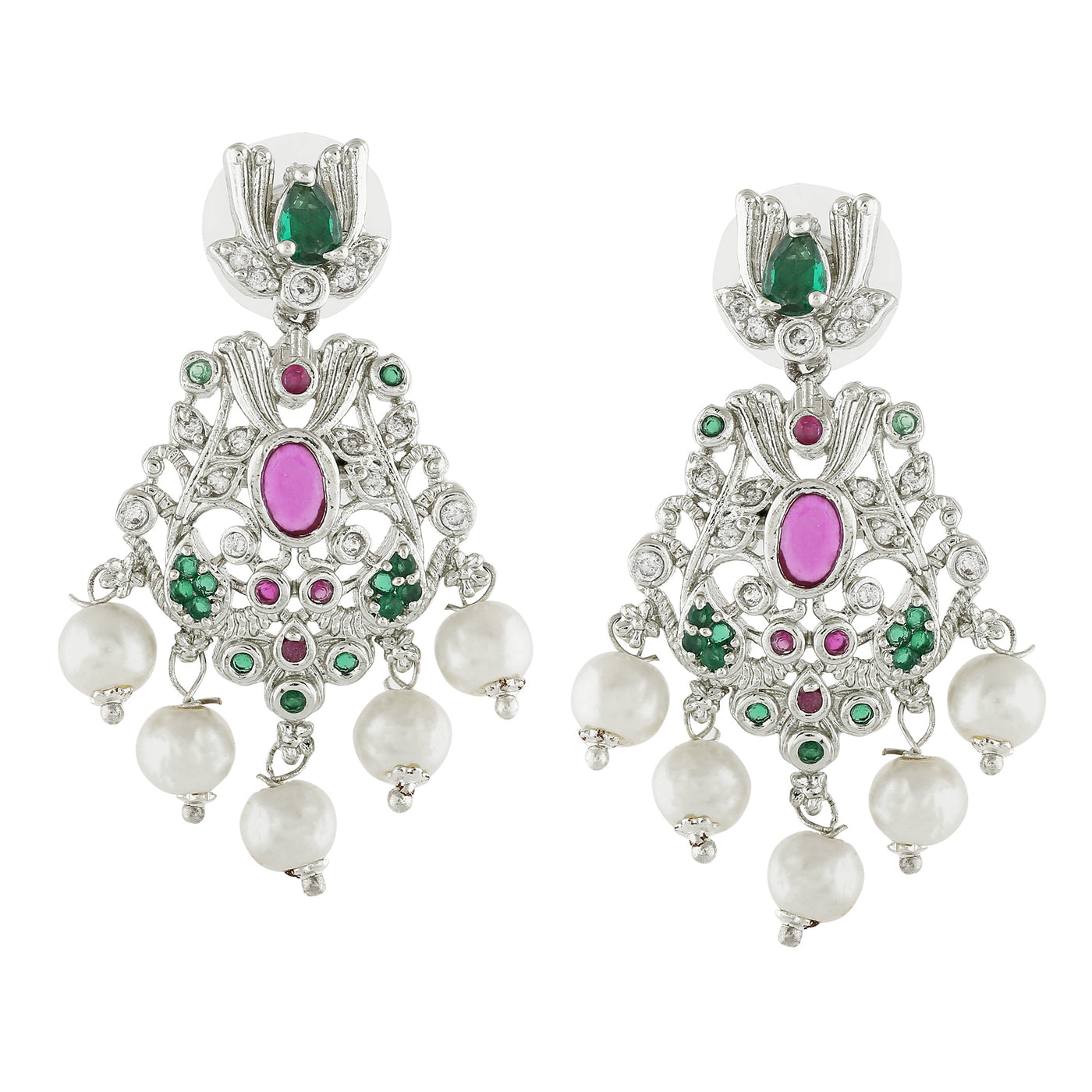 Estele Rhodium Plated CZ Magnificent Designer Earrings with Pearls for Women