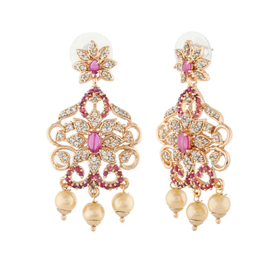 Estele Rose Gold Plated CZ Fascinating Drop Earrings With Pearl & Pink Crystals For Women