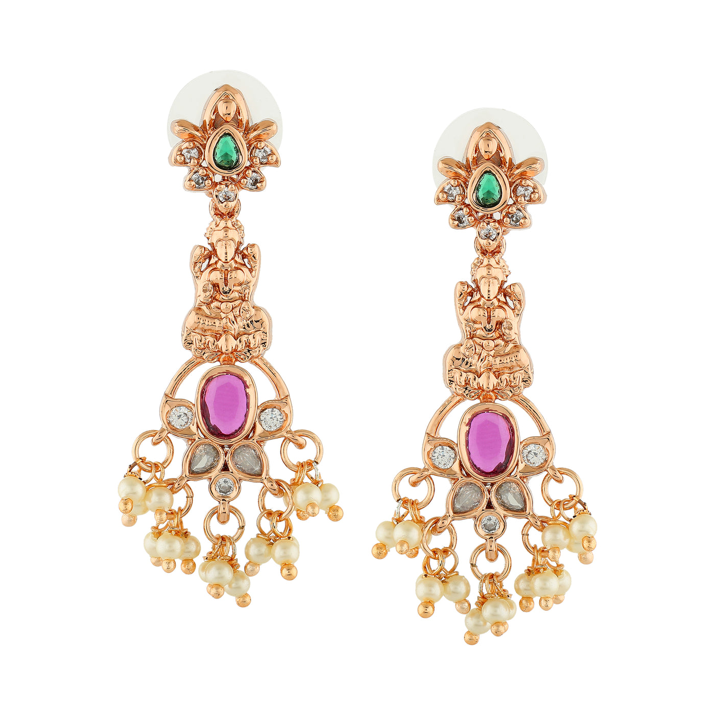 Estele Rose Gold Plated CZ Lakshmi Devi Designer Earrings with Pearls for Women