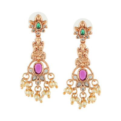 Estele Rose Gold Plated CZ Lakshmi Devi Designer Earrings with Pearls for Women