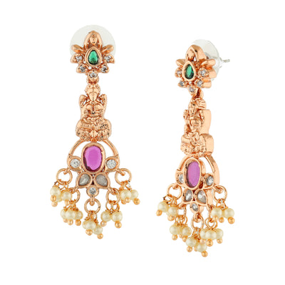 Estele Rose Gold Plated CZ Lakshmi Devi Designer Earrings with Pearls for Women