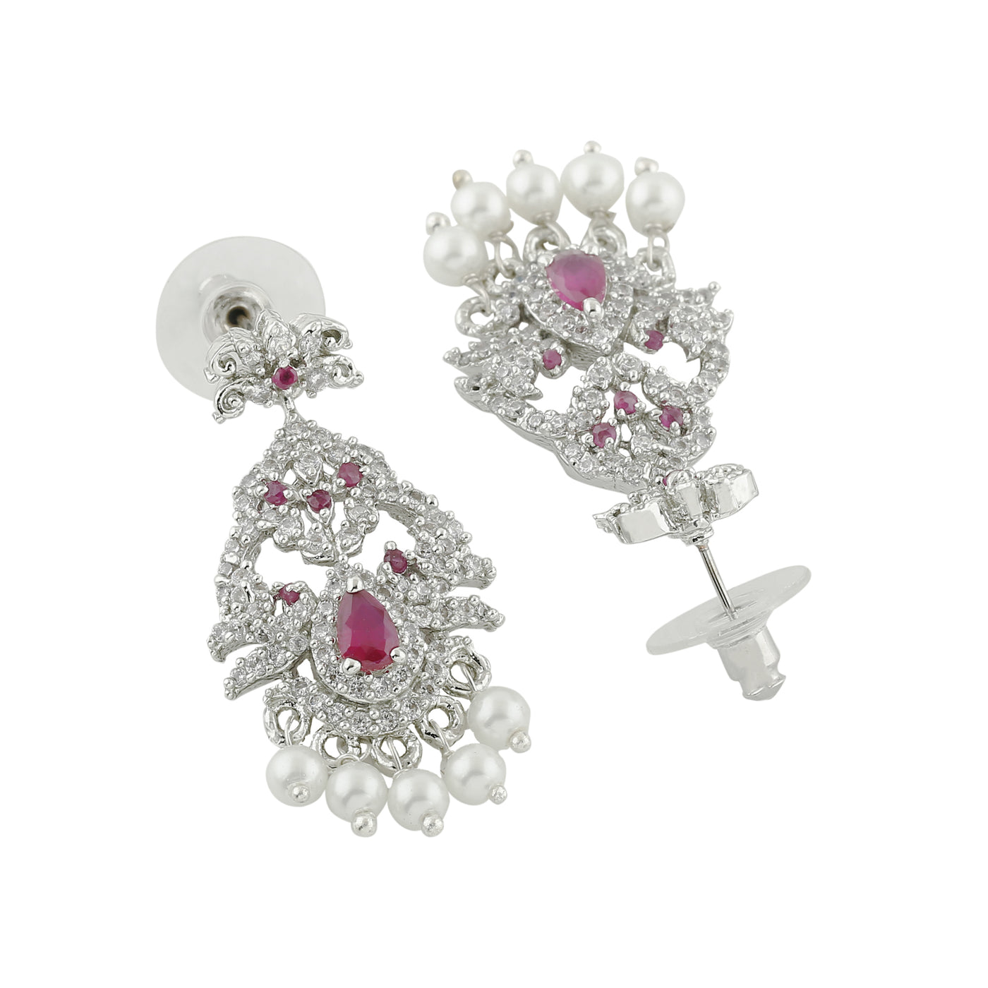 Estele Rhodium Plated CZ Mayuri Designer Bridal Earrings with Pearls for Women