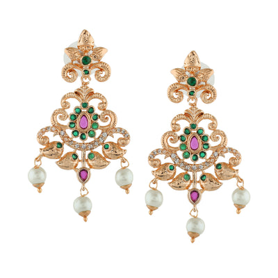 Estele Rose Gold Plated CZ Swirling Symphony Earrings with Pearl & Multi Color Crystals for Women