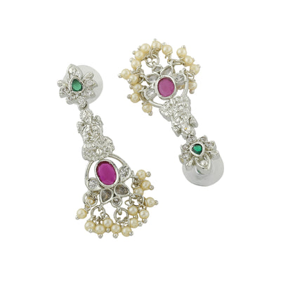 Estele Rhodium Plated CZ Lakshmi Devi Designer Earrings with Pearls for Women