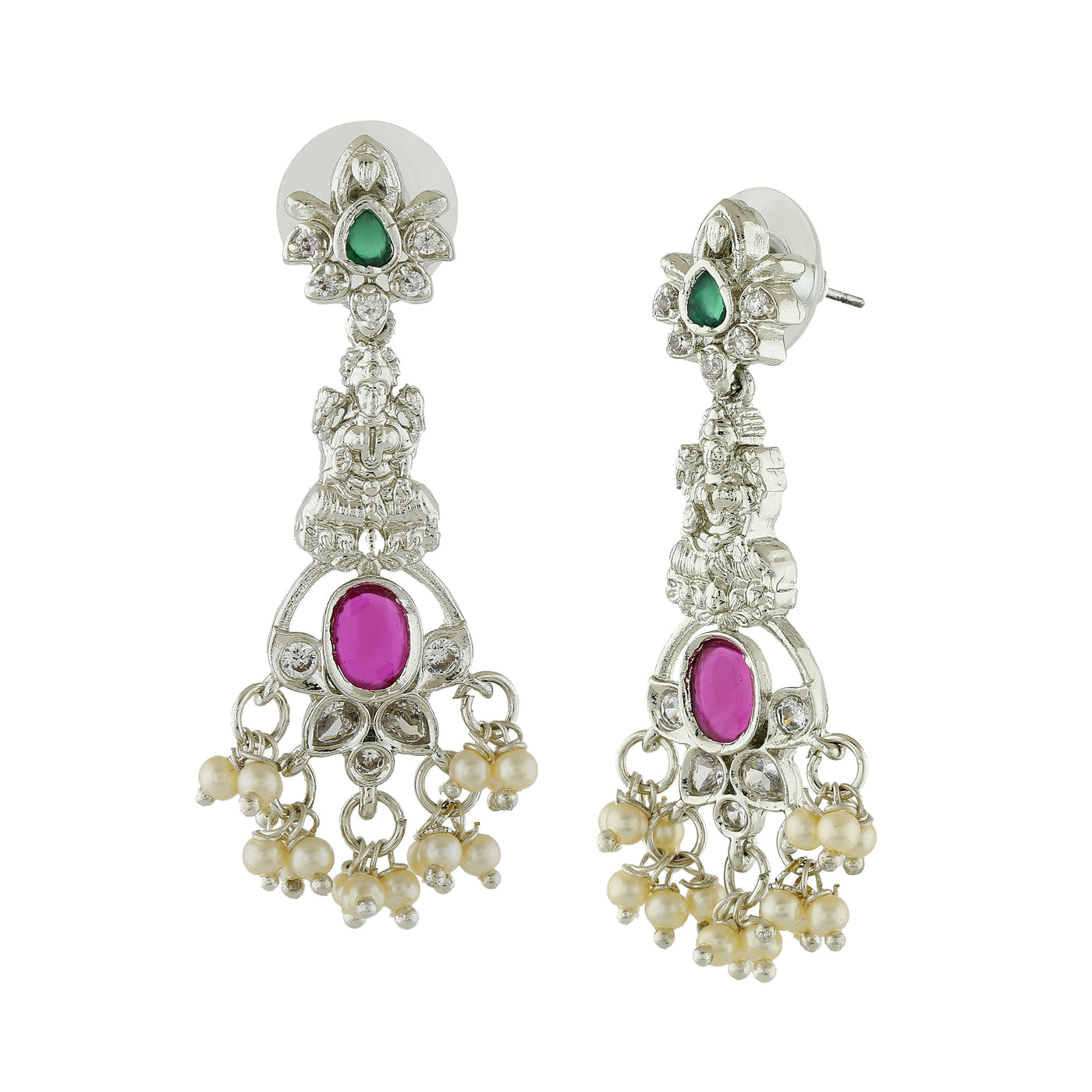 Estele Rhodium Plated CZ Lakshmi Devi Designer Earrings with Pearls for Women