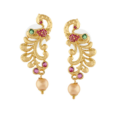 Estele Gold Plated CZ Flair Peacock Designer Earrings for Women