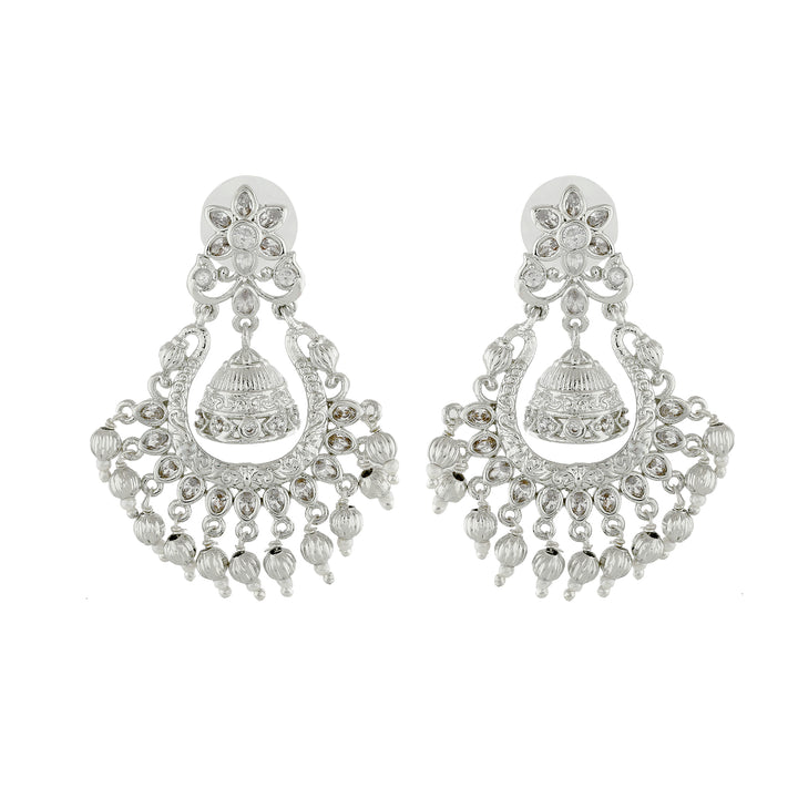 Estele Rhodium Plated CZ Floral Designer Jhumki Earrings for Women