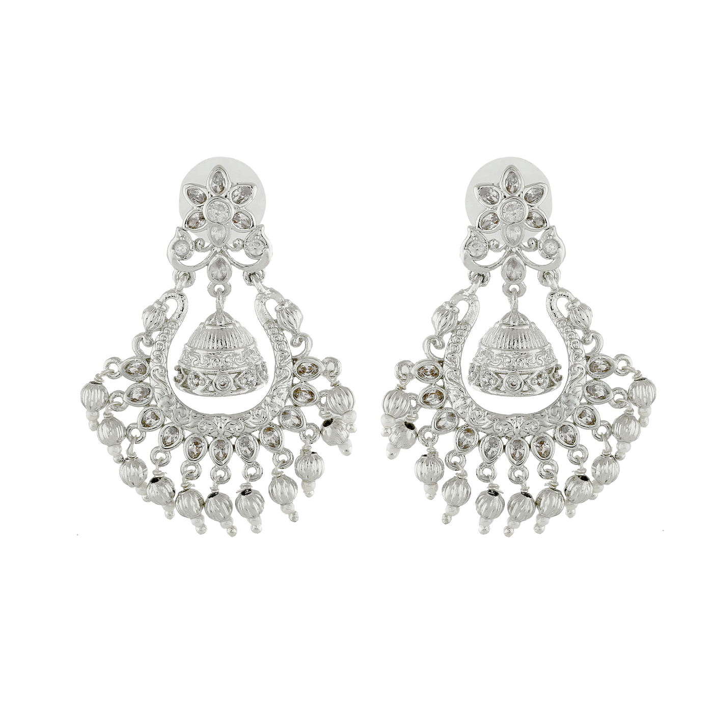 Estele Rhodium Plated CZ Floral Designer Jhumki Earrings for Women