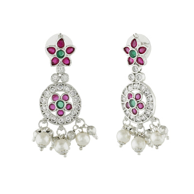 Estele Rhodium Plated CZ Flower Designer Bridal Earrings with Pearls for Women
