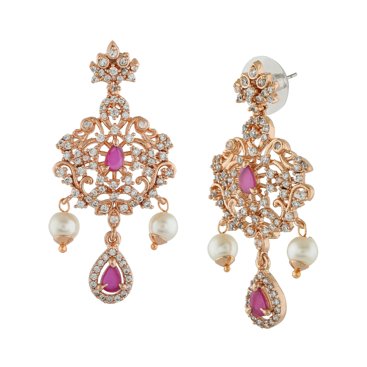 Estele Rose Gold Plated CZ Charming Earrings with Pearls for Women