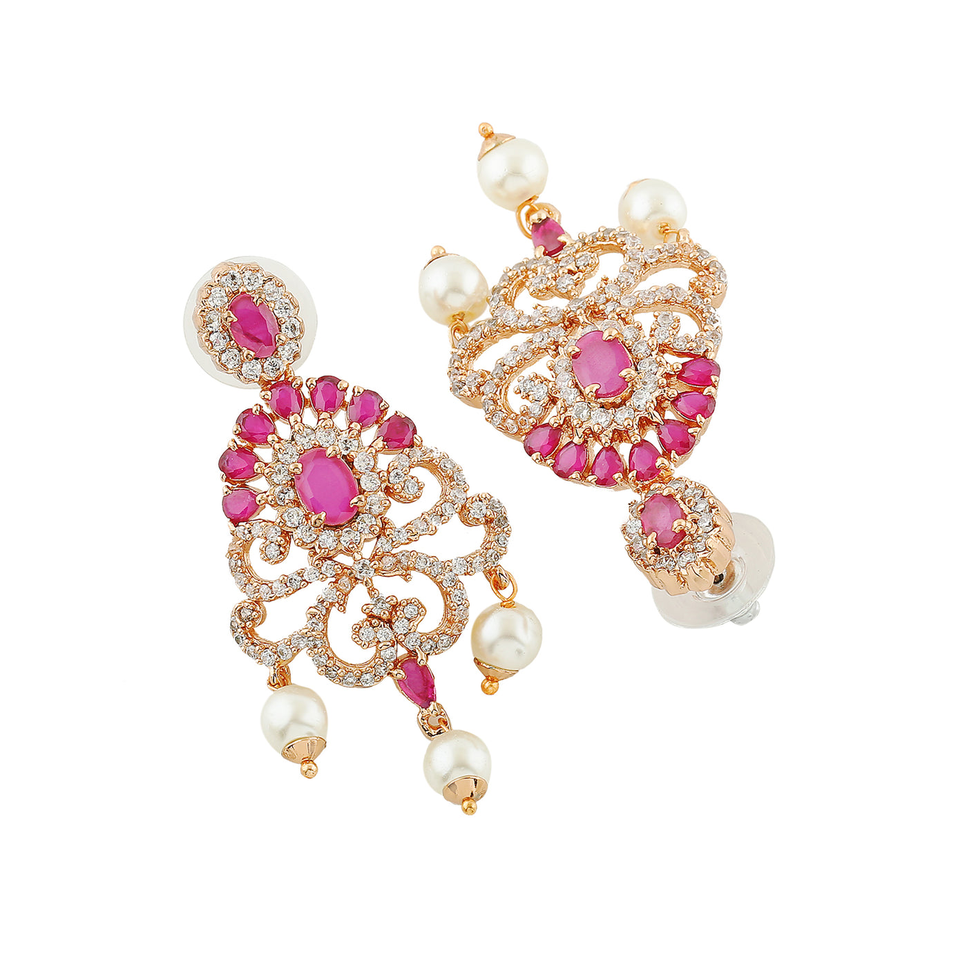 Estele Rose Gold Plated CZ Tiara Earrings with Pearl & Ruby Crystals for Women