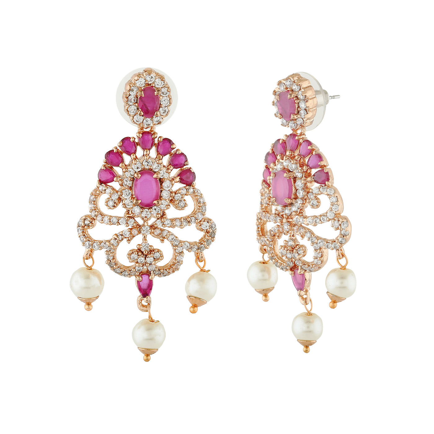 Estele Rose Gold Plated CZ Tiara Earrings with Pearl & Ruby Crystals for Women