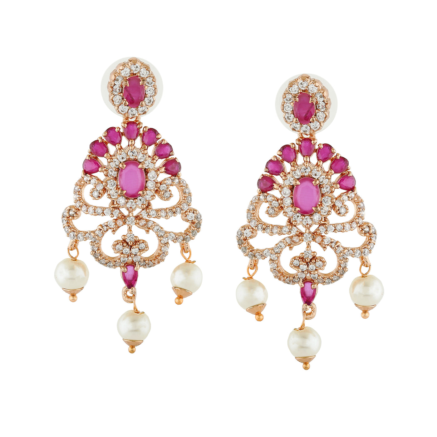 Estele Rose Gold Plated CZ Tiara Earrings with Pearl & Ruby Crystals for Women