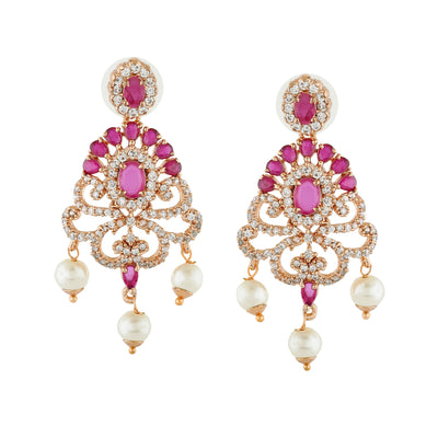 Estele Rose Gold Plated CZ Tiara Earrings with Pearl & Ruby Crystals for Women