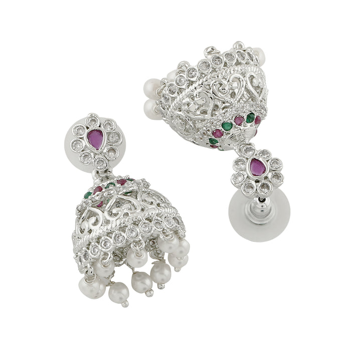 Estele Rhodium Plated CZ Elegant Jhumka Earrings with Pearl & Pink Crystals for Women