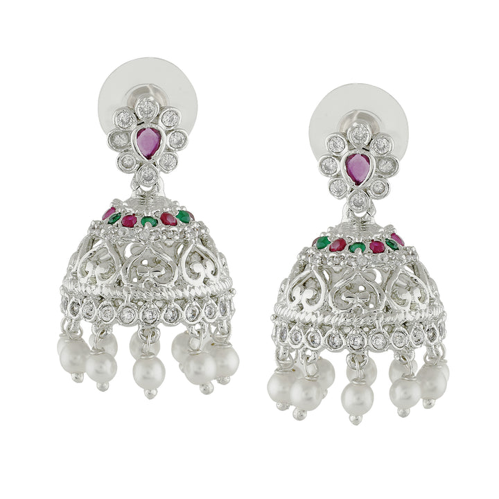 Estele Rhodium Plated CZ Elegant Jhumka Earrings with Pearl & Pink Crystals for Women