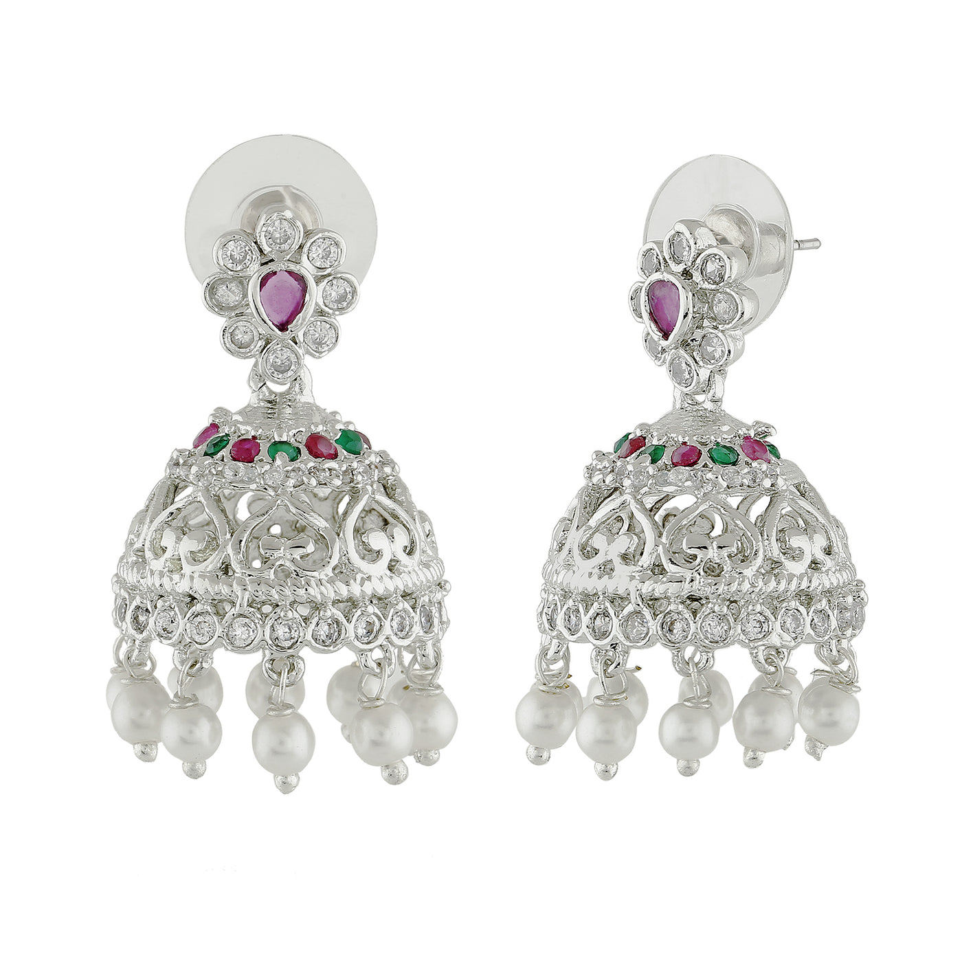 Estele Rhodium Plated CZ Elegant Jhumka Earrings with Pearl & Pink Crystals for Women