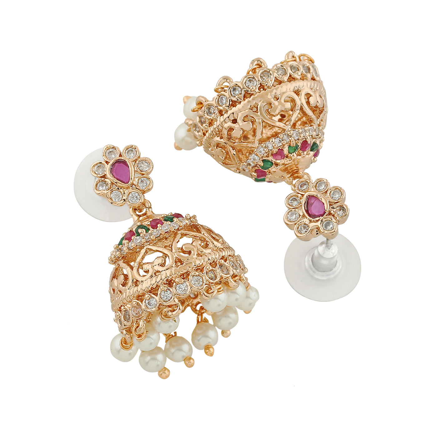 Estele Rose Gold Plated CZ Elegant Jhumka Earrings with Pearl & Pink Crystals for Women