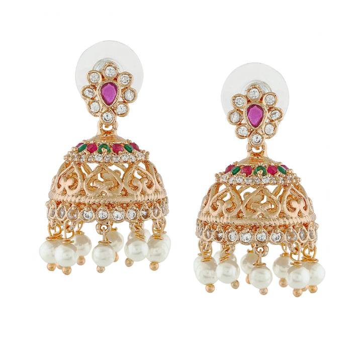 Estele Rose Gold Plated CZ Elegant Jhumka Earrings with Pearl & Pink Crystals for Women