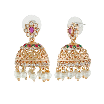 Estele Rose Gold Plated CZ Elegant Jhumka Earrings with Pearl & Pink Crystals for Women