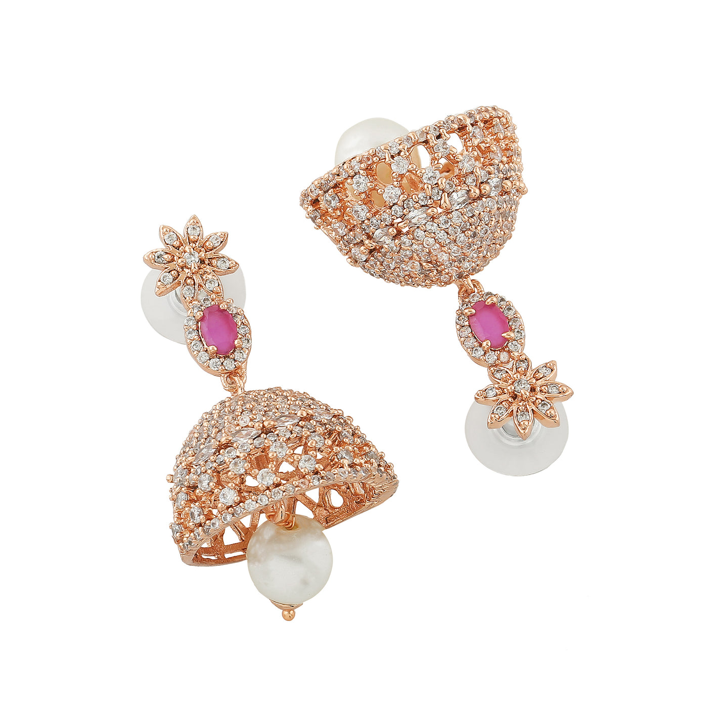 Estele Rose Gold Plated CZ Designer Jaliwala Jhumka Earrings with Pearl & Ruby Crystals for Women