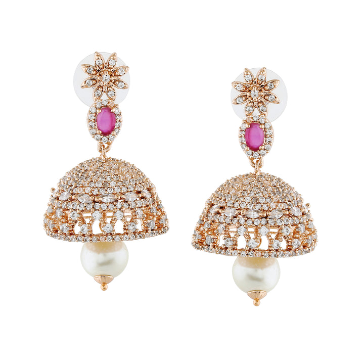 Estele Rose Gold Plated CZ Designer Jaliwala Jhumka Earrings with Pearl & Ruby Crystals for Women