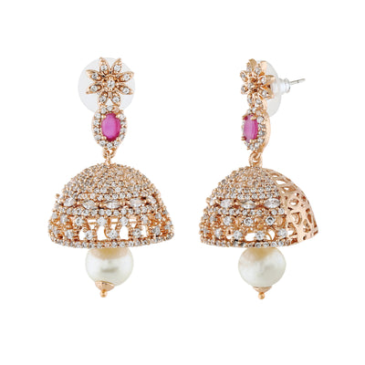 Estele Rose Gold Plated CZ Designer Jaliwala Jhumka Earrings with Pearl & Ruby Crystals for Women