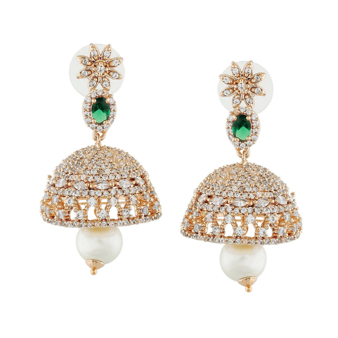 Estele Rose Gold Plated CZ Designer Jaliwala Jhumka Earrings with Pearl & Emerald Crystals for Women