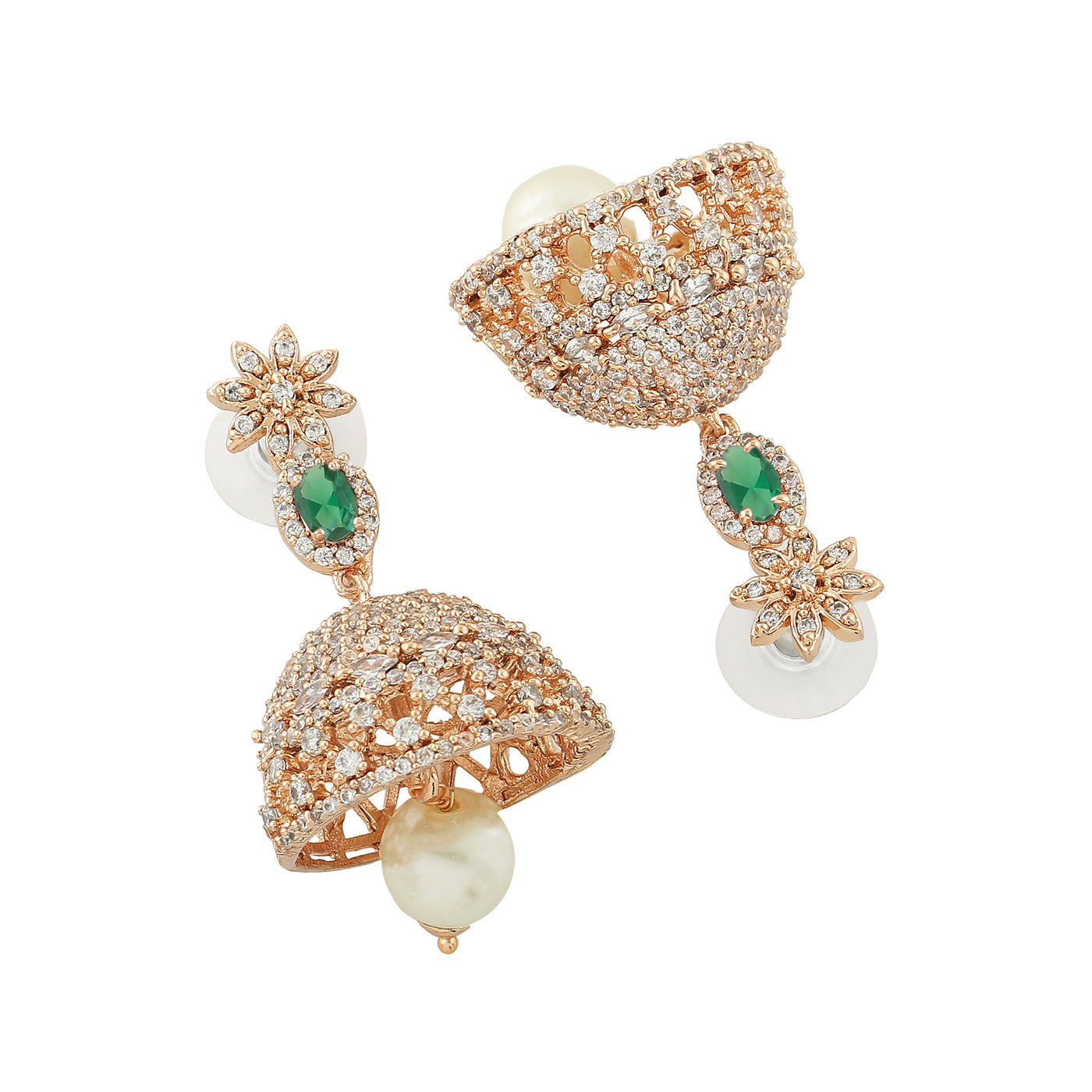 Estele Rose Gold Plated CZ Designer Jaliwala Jhumka Earrings with Pearl & Emerald Crystals for Women