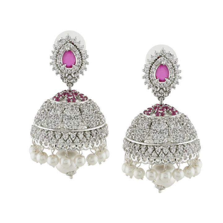 Estele Rhodium Plated CZ Enchanting Designer Jhumka Earrings with Pearls for Women