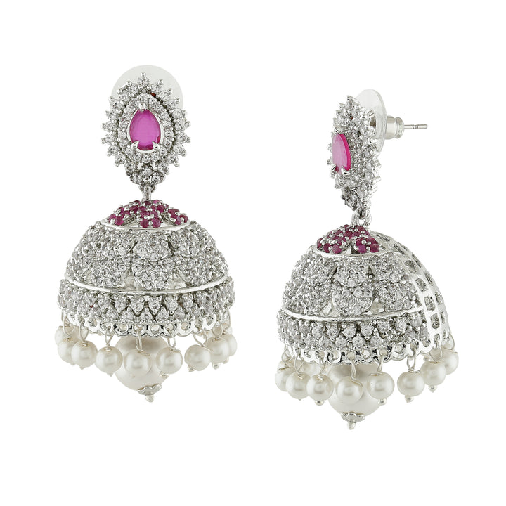 Estele Rhodium Plated CZ Enchanting Designer Jhumka Earrings with Pearls for Women
